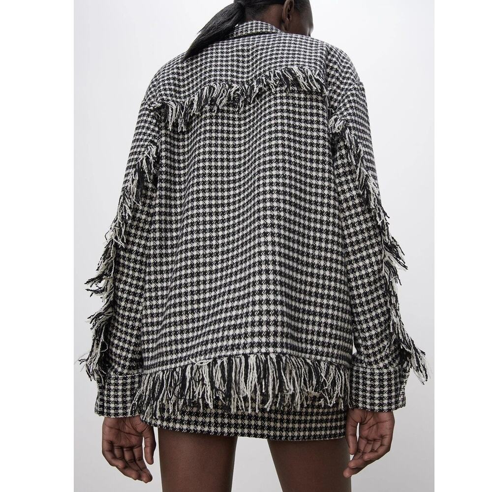Zara Houndstooth Fringed Overshirt Barn Jacket Oversized Tweed Shacket 4391/737 - Picture 5 of 15